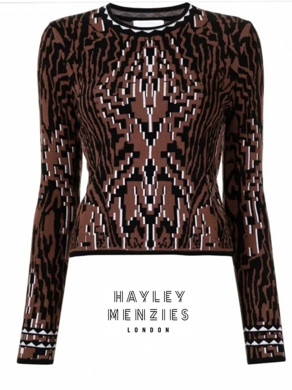 Hayley Menzies Tiger Jacquard Sweater S Fitted Aztec Print Knit Crewneck Brown
